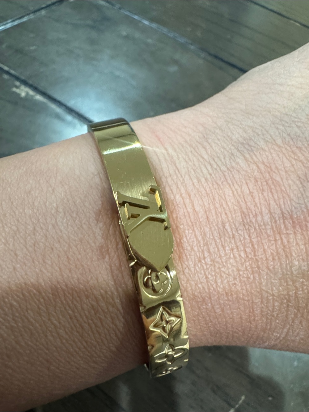 Gold Tone Designer-Inspired Women’s Logo Bangle Bracelet